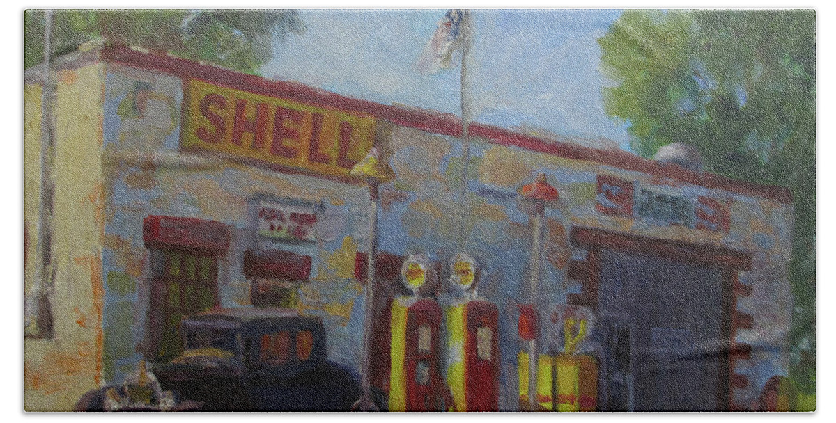 Shell Gas Station Beach Towel featuring the painting Shell Station Brown County by Nora Sallows