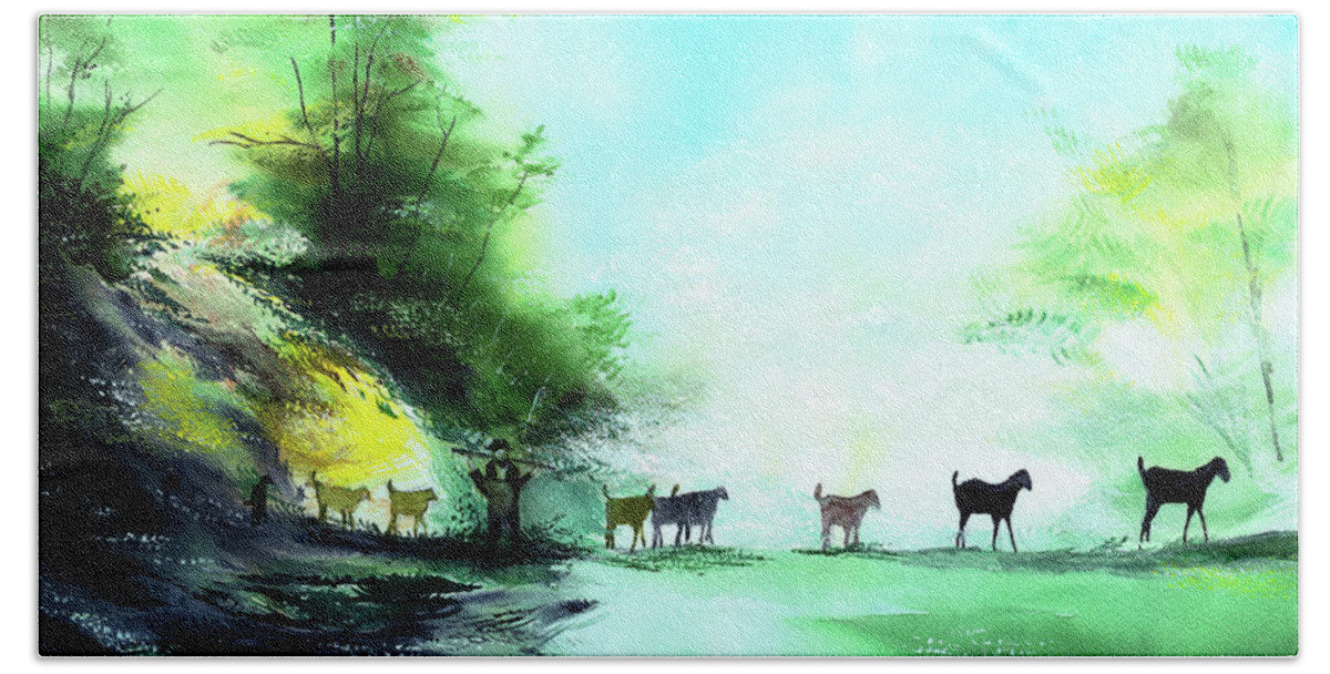 Nature Beach Towel featuring the painting Shepherd by Anil Nene