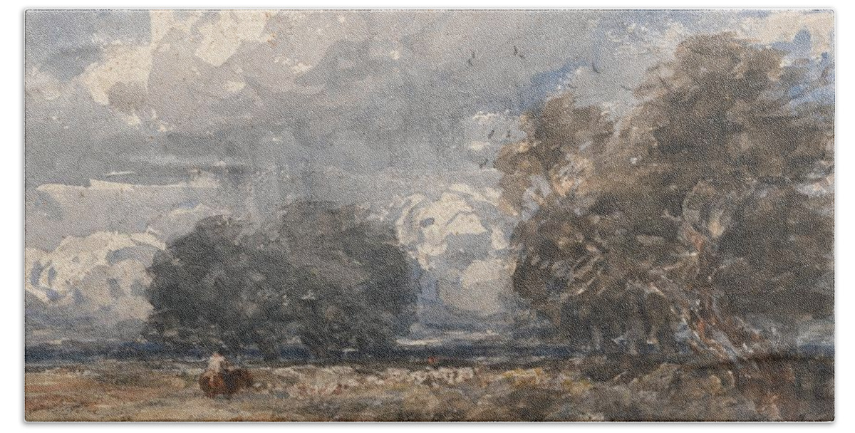 Shepherding The Flock Beach Towel featuring the painting Shepherding the Flock Windy Day by David Cox 1848 by Celestial Images