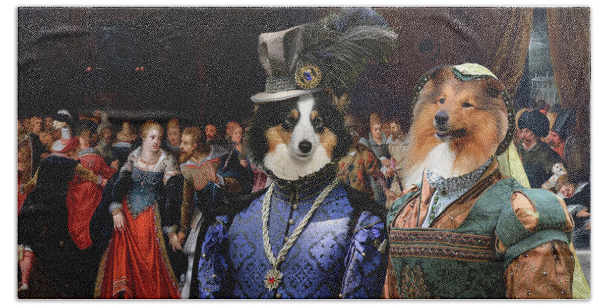 Sheltie Beach Towel featuring the painting Shetland Sheepdog Art Canvas Print - An Interior Scene with Elegant Figures at a Wedding by Sandra Sij