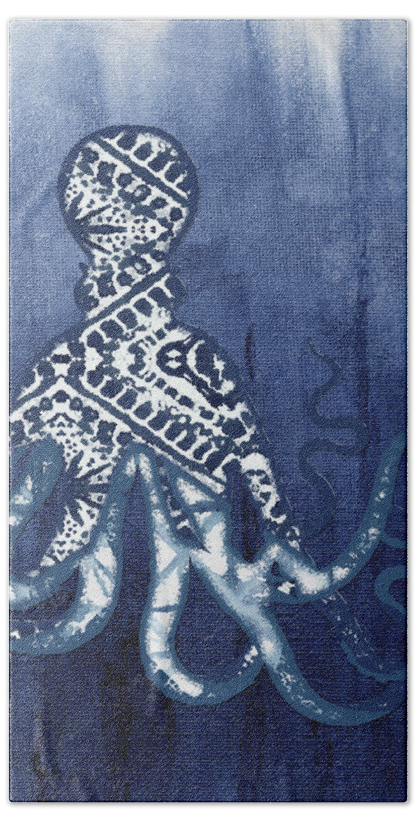 Octopus Beach Towel featuring the painting Shibori Blue 2 - Patterned Octopus over Indigo Ombre Wash by Audrey Jeanne Roberts
