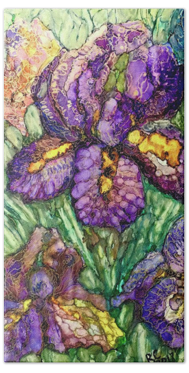 Iris Beach Towel featuring the painting Shimmering Irises by Rae Chichilnitsky