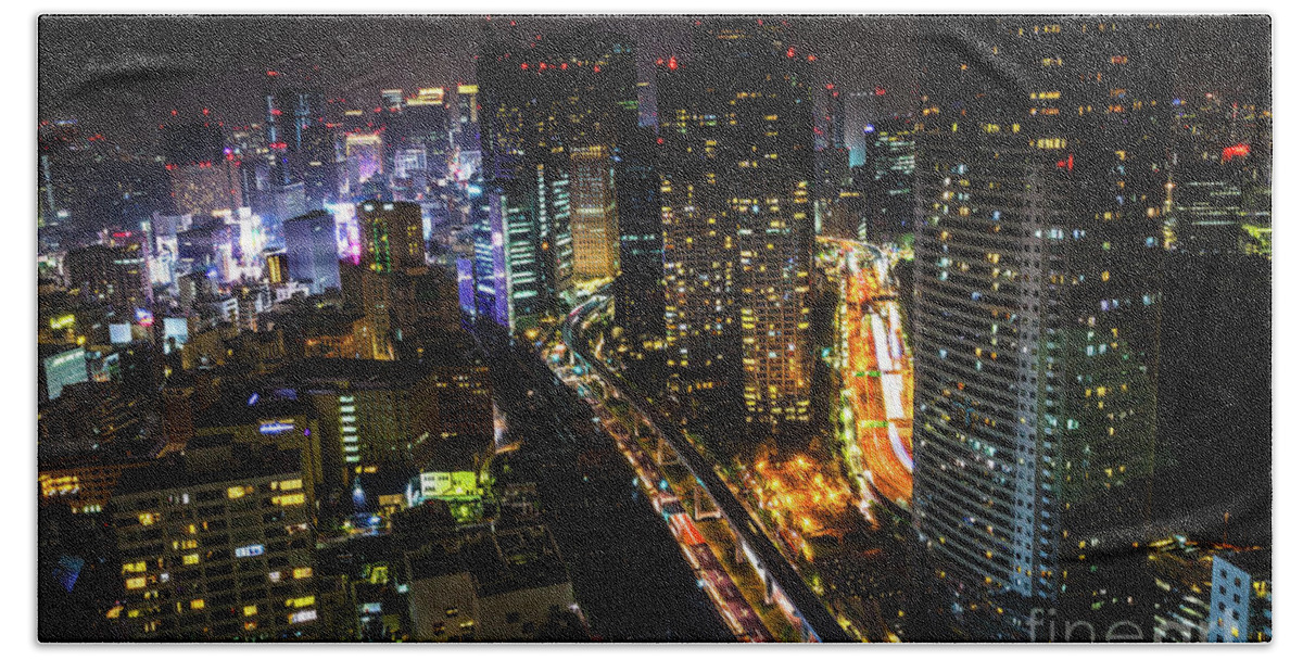 Tokyo Skyline Beach Towel featuring the photograph Shiodome skyline Tokyo by Benny Marty