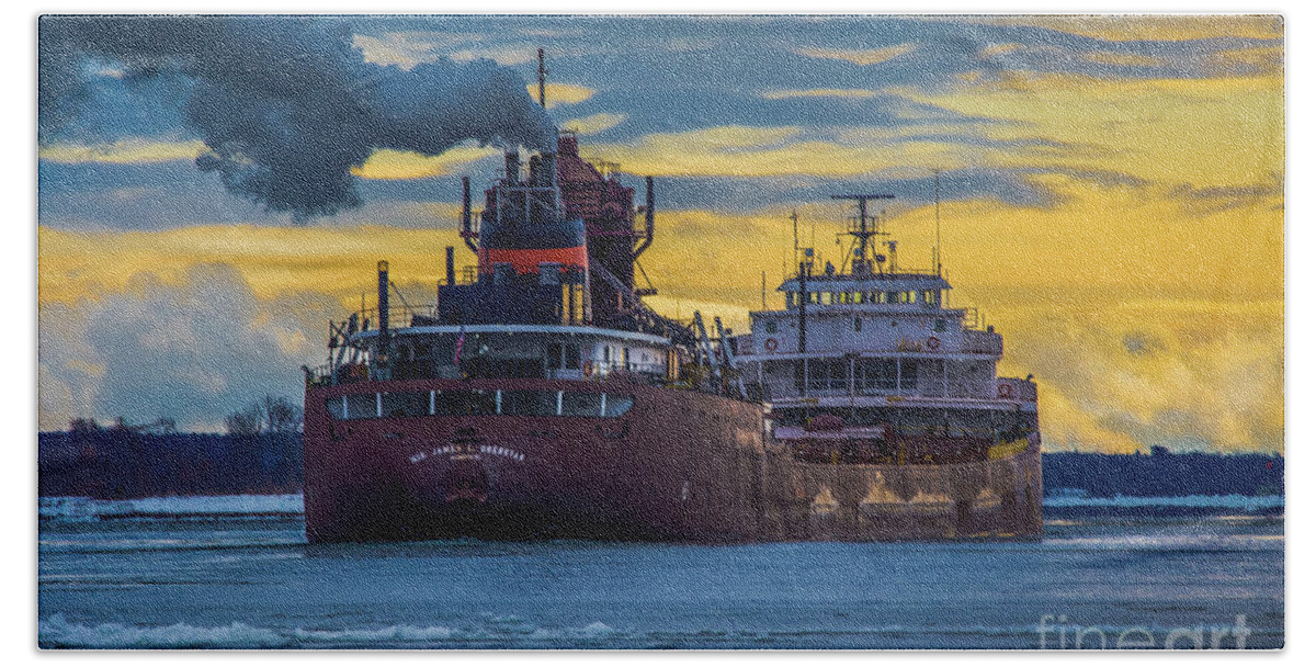 Ship Beach Towel featuring the photograph Ship Hon. James L. Oberstar Winter Sunrise -6878 Great Lake Freighters by Norris Seward