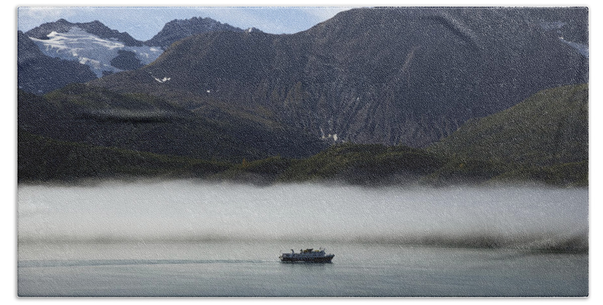 Glacier Bay National Park. Glacier Beach Towel featuring the photograph Ship in the Fog by Richard J Cassato