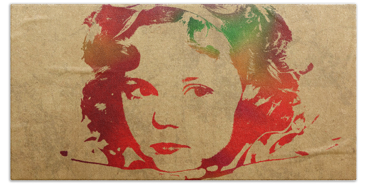 Shirley Temple Beach Sheet featuring the mixed media Shirley Temple Watercolor Portrait by Design Turnpike