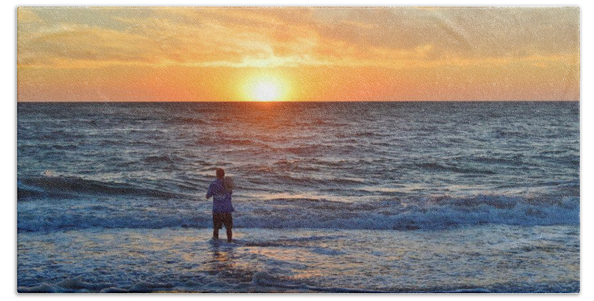 Obx Sunrise Beach Sheet featuring the photograph Shore Fishing at Sunrise  by Barbara Ann Bell