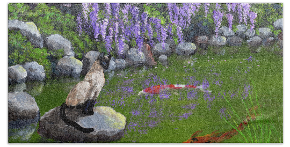 Zen Beach Towel featuring the painting Siamese Cat by Wisteria by Laura Iverson