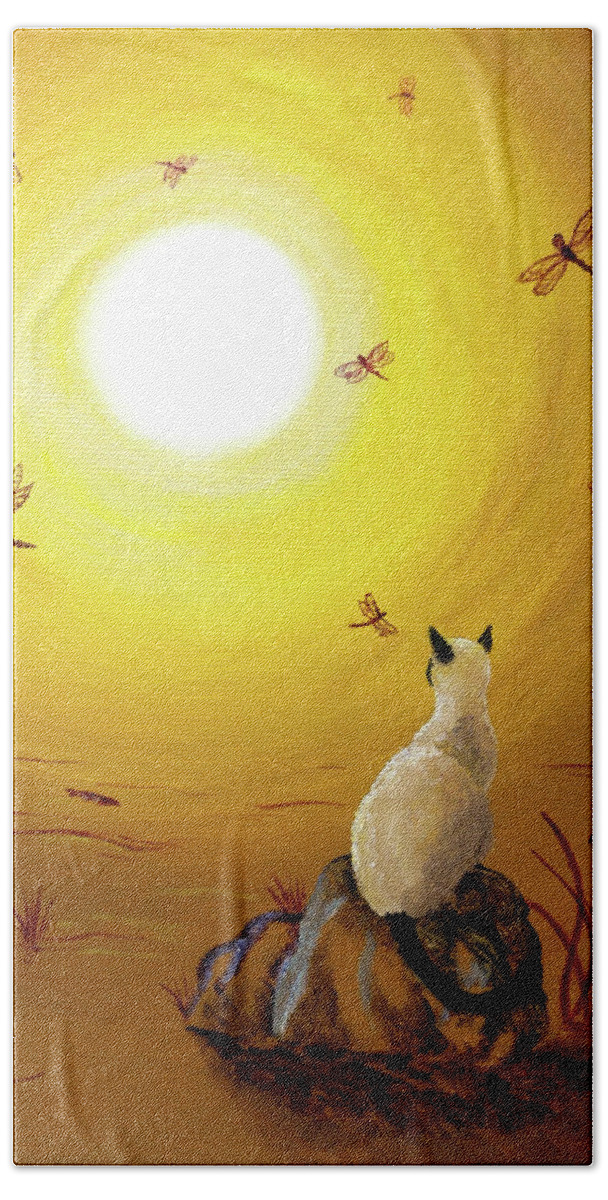 Siamese Cat Beach Towel featuring the painting Siamese Cat with Red Dragonflies by Laura Iverson
