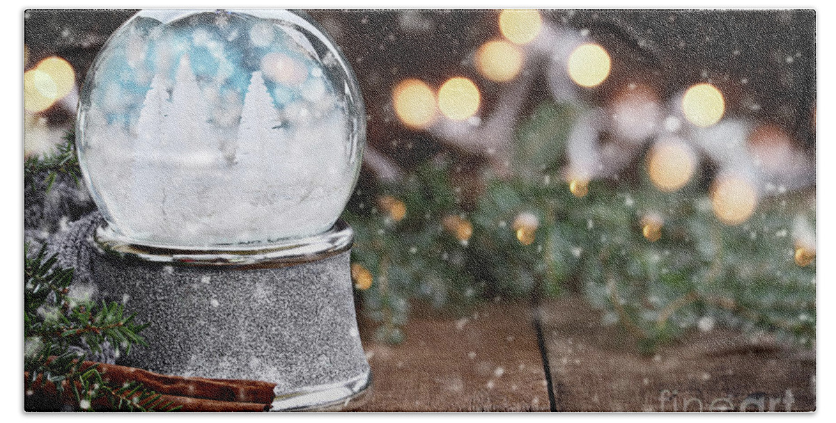 Snowglobe Beach Sheet featuring the photograph Silver Snow Globe with White Christmas Trees by Stephanie Frey