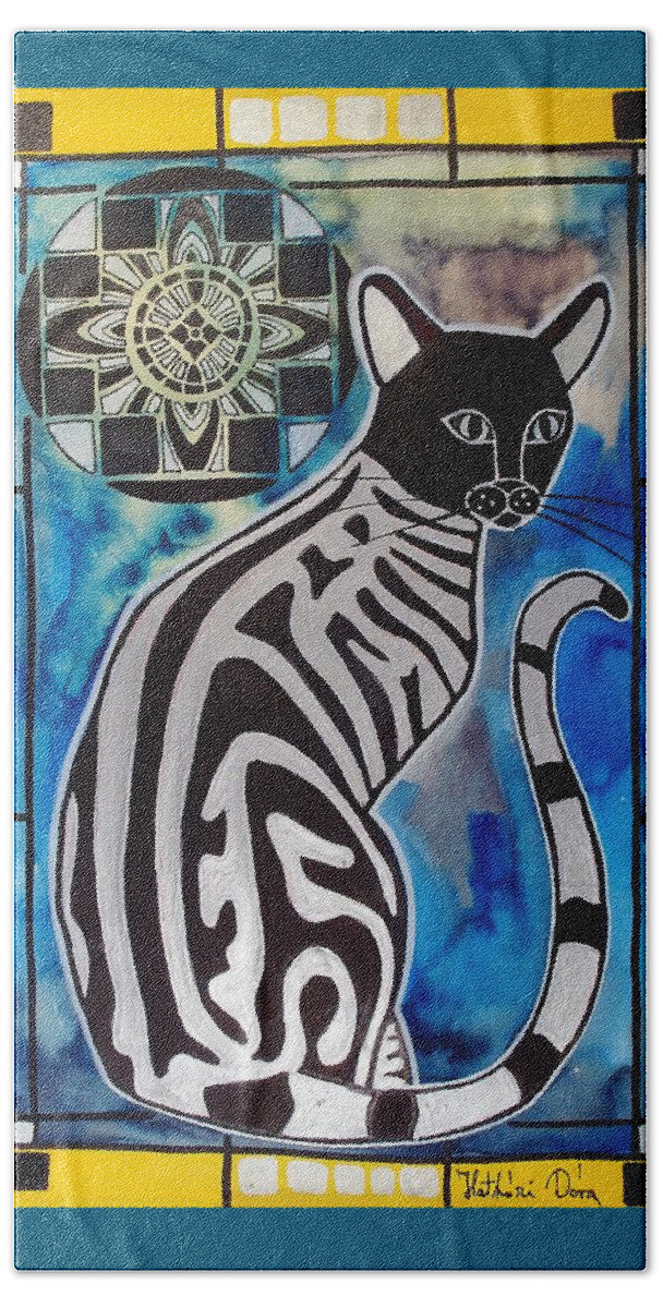 Cats Beach Sheet featuring the painting Silver Tabby with Mandala - Cat Art by Dora Hathazi Mendes by Dora Hathazi Mendes