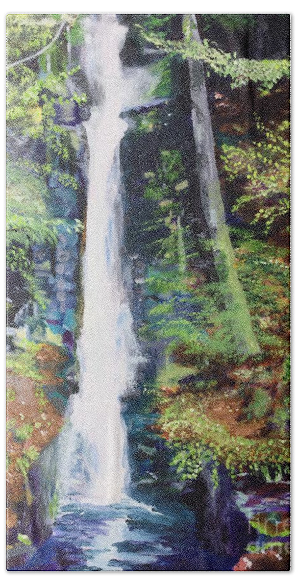 Nature Beach Towel featuring the painting Silver Thread Falls by Kate Conaboy