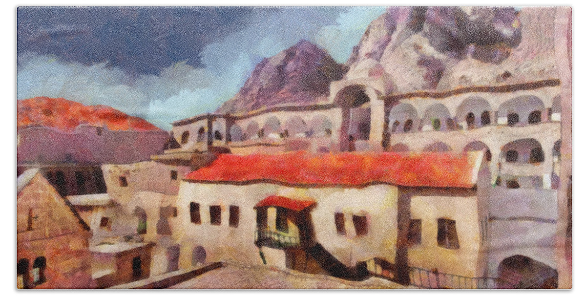 Sinai Monastery 3 Beach Towel featuring the painting Sinai Monastery 3 by George Rossidis
