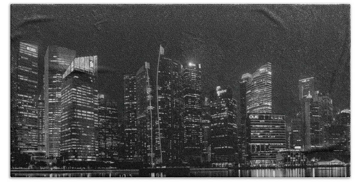 Panorama Beach Towel featuring the photograph Singapore Skyline Panorama Black and White by Rick Deacon