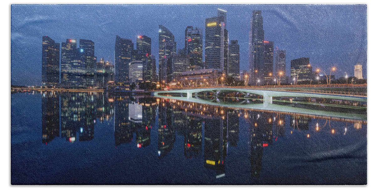 Lights Beach Sheet featuring the photograph Singapore skyline reflection by Pradeep Raja Prints