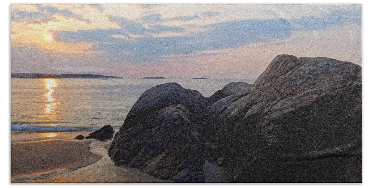 Manchester Beach Towel featuring the photograph Singing Beach Rocky Sunrise Manchester by the Sea MA by Toby McGuire