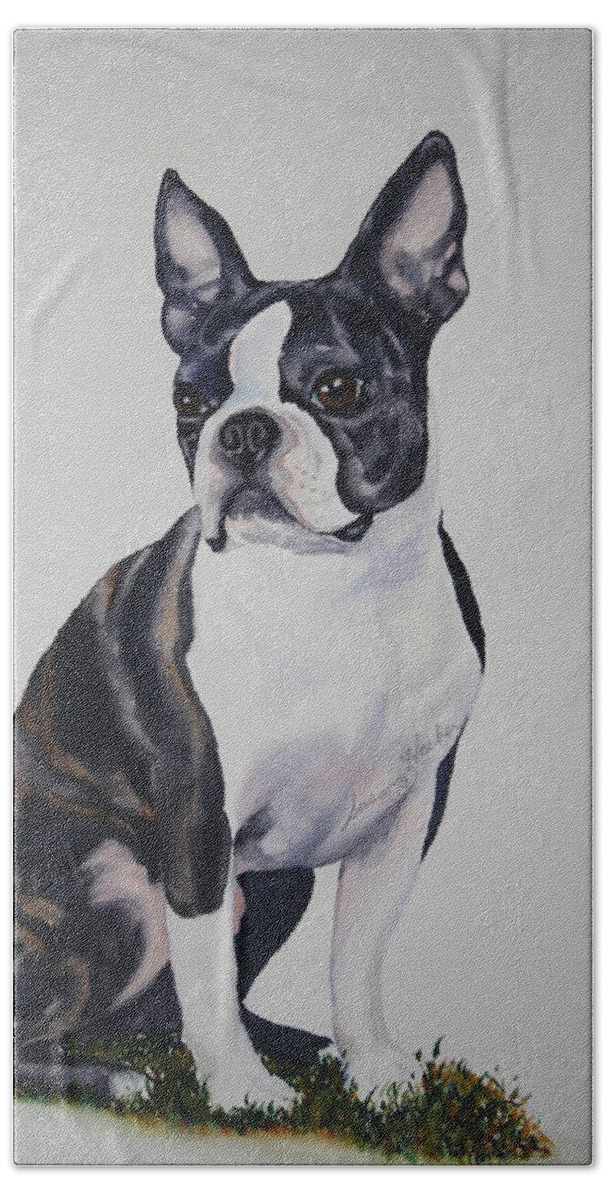 Boston Terrier Beach Towel featuring the painting Sit by Susan Herber