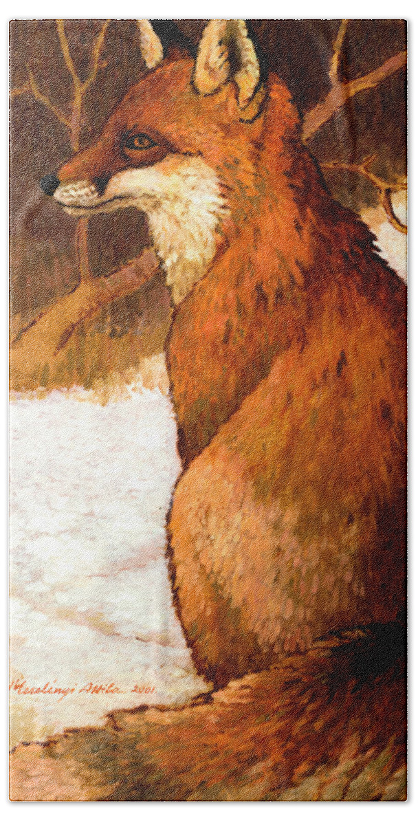 Fox Beach Towel featuring the painting Sitting Fox by Attila Meszlenyi