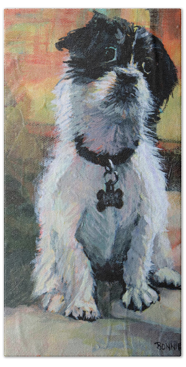 Dog Beach Towel featuring the painting Sitting Pretty - Black and white puppy by Bonnie Mason