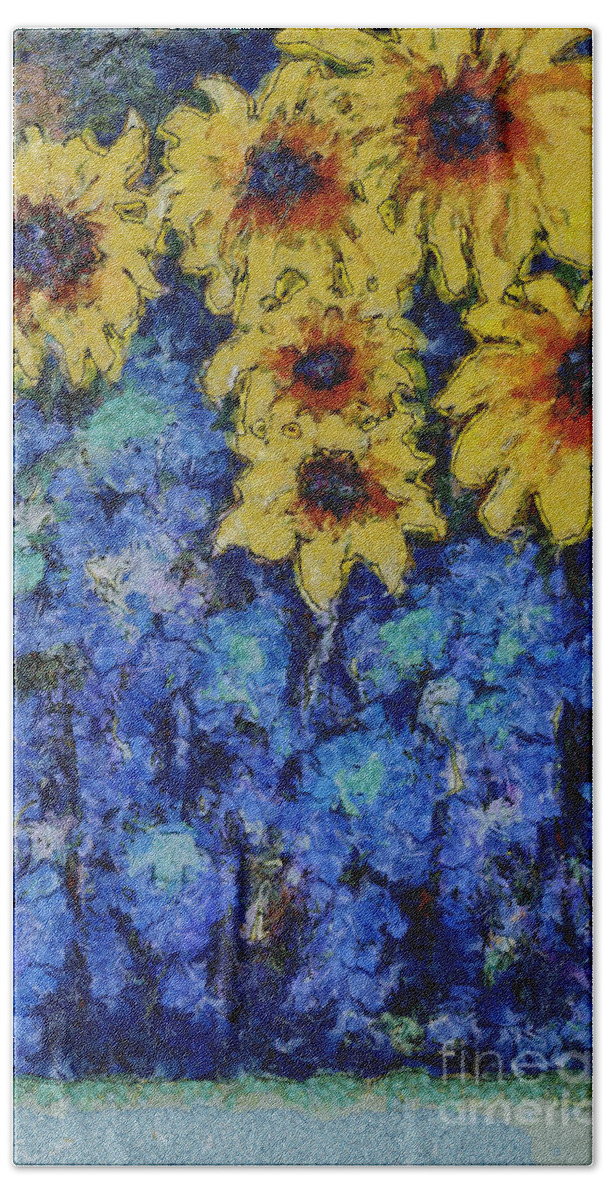 Sunflowers Beach Towel featuring the photograph Six Sunflowers on Blue by Claire Bull