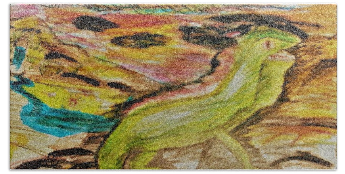 Iguana Beach Towel featuring the drawing Sixth Grade Iguana by Andrew Blitman