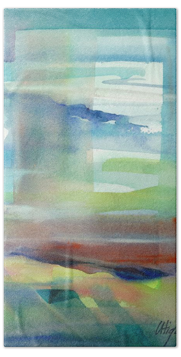 Utigard Watercolor Abstract Art Painting Modern Design Modular Strength Heal Empower Women Growth Spirit Form Color Line Texture Pattern Sky Window Green Blue Mountain Landscape Vision Rolling Hill Happy Peace Calm Vista Portrait Beach Towel featuring the painting Sky Window 1 by Carolyn Utigard Thomas