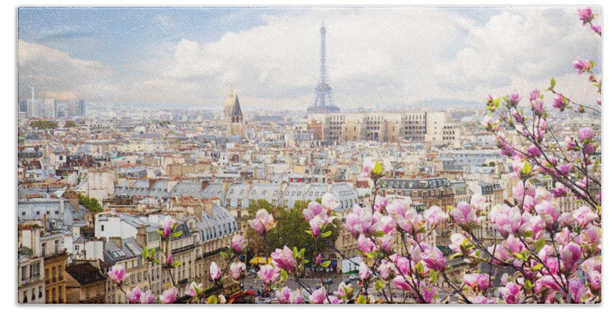 Paris Beach Sheet featuring the photograph skyline of Paris with eiffel tower by Anastasy Yarmolovich