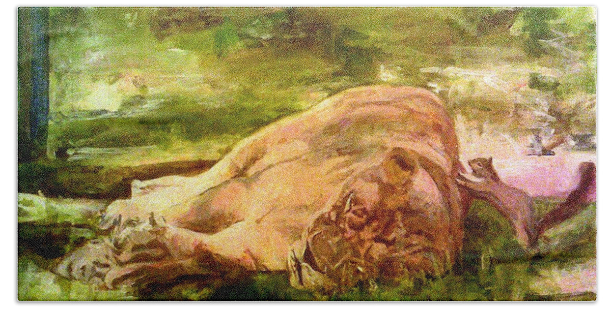 Sleeping Lionness Pushy Squirrel Attempts To Move Lionness Off Its Nuts Beach Sheet featuring the painting Sleeping Lionness Pushy Squirrel by Rosanne Gartner