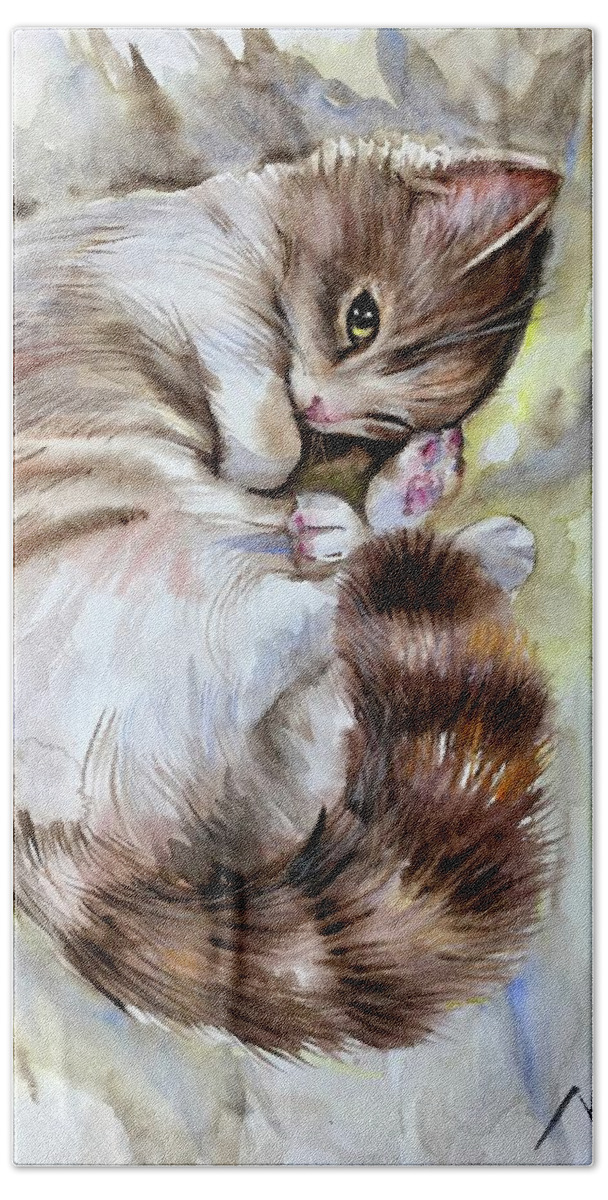 Animal Beach Sheet featuring the painting Sleepy cat 2 by Katerina Kovatcheva