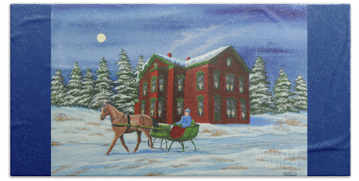 Sleigh Ride Beach Towel featuring the painting Sleigh Ride With A Full Moon by Charlotte Blanchard