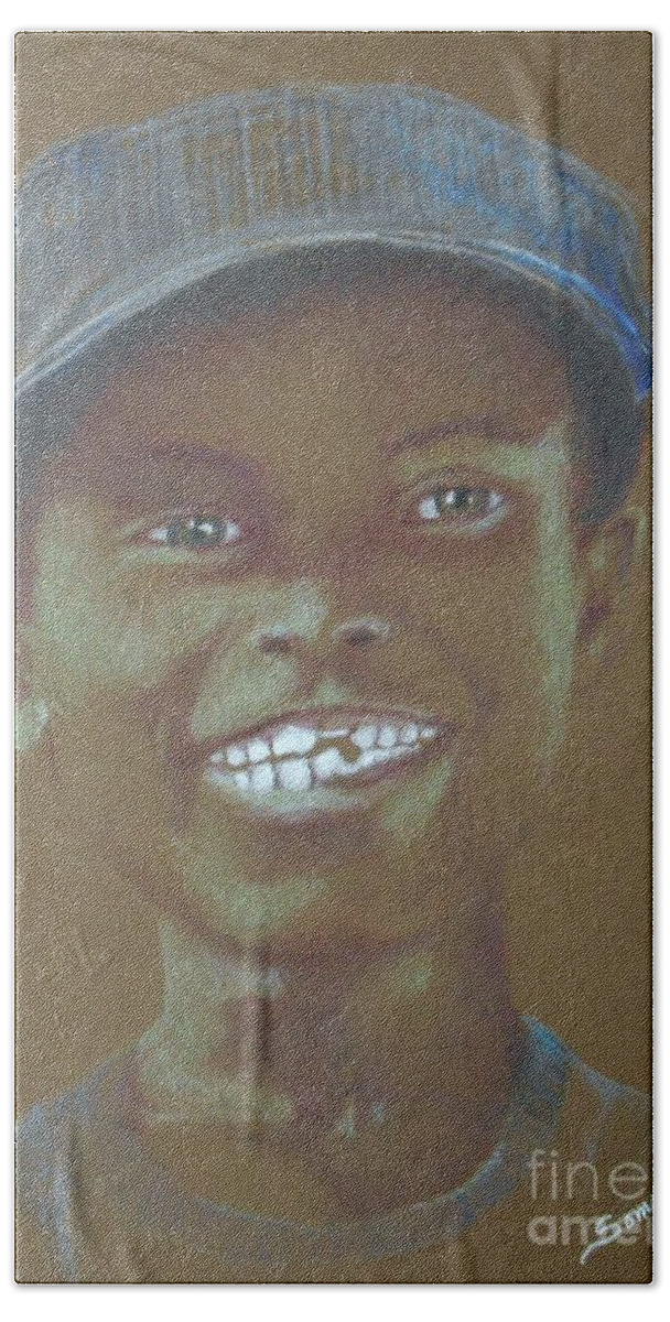 Big Grin Beach Sheet featuring the drawing Small Boy, Big Grin -- Retro Portrait of Black Boy by Jayne Somogy