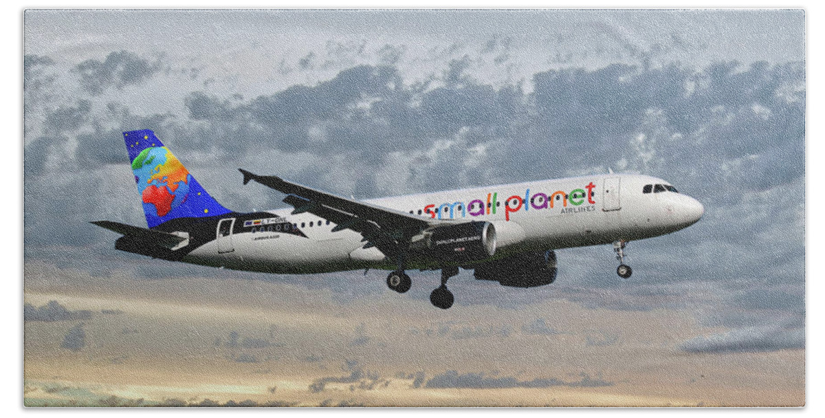 Small Planet Beach Towel featuring the photograph Small Planet Airlines Airbus A320-214 by Smart Aviation