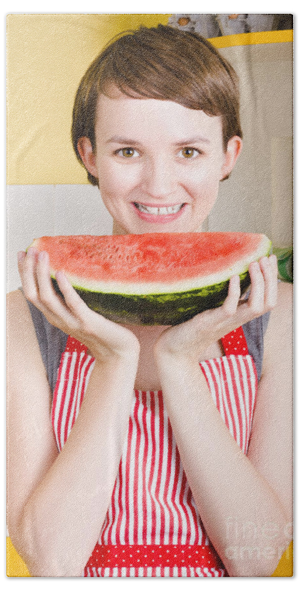 Dietician Beach Towel featuring the photograph Smiling young woman eating fresh fruit watermelon by Jorgo Photography