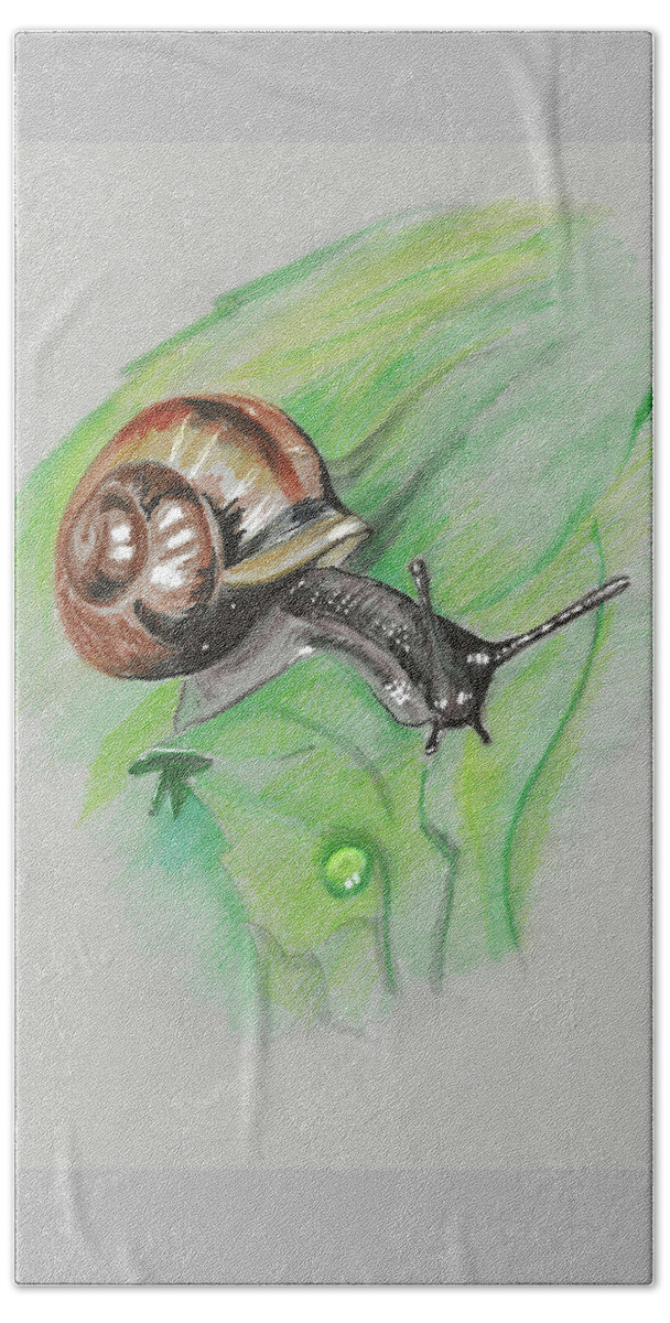 Snail Beach Towel featuring the painting Snail on a Leaf by Masha Batkova