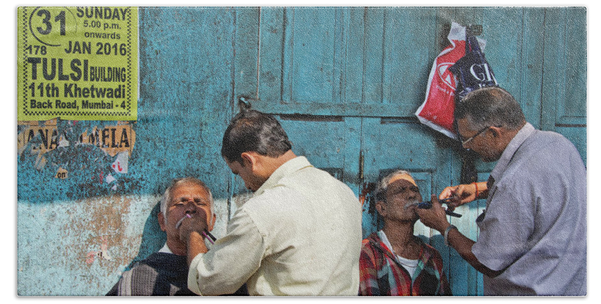 Street Side Barbershop In The Back Streets Of Mumbai. Beach Towel featuring the photograph Snip and tuck by Marion Galt