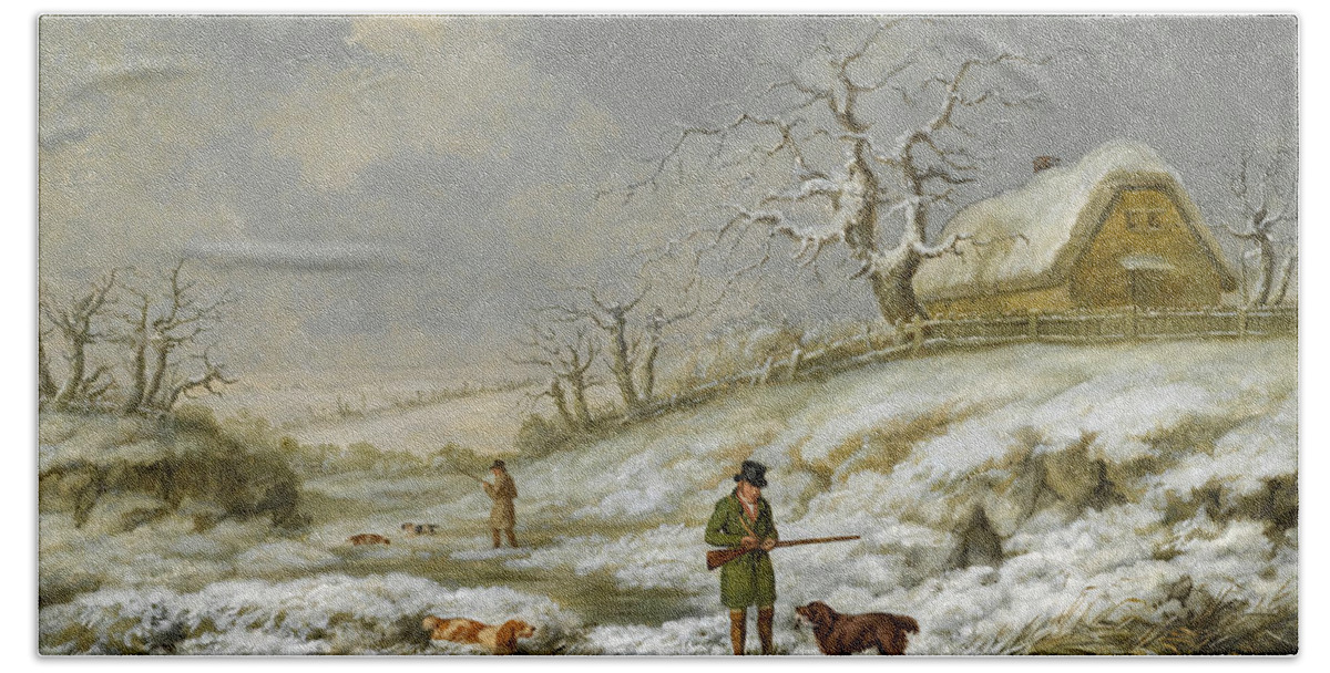 James Barenger Beach Towel featuring the painting Snipe Shooting in a Winter Landscape by James Barenger