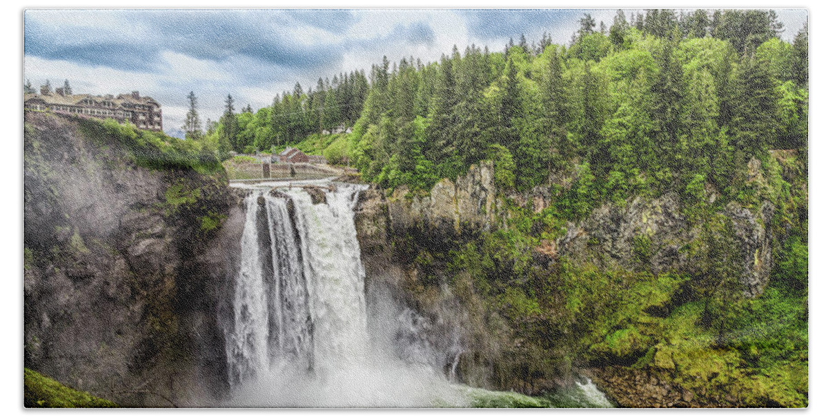 Great Northern Lodge Beach Towel featuring the photograph Snoqualmie Falls and Lodge in Summer by Darryl Brooks