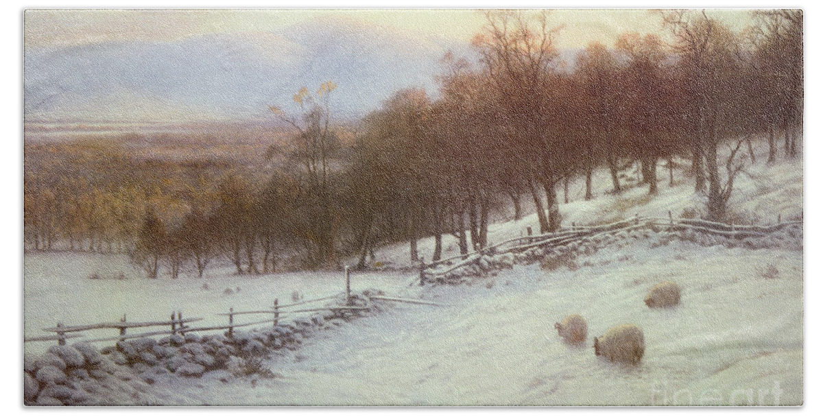 Snow Beach Towel featuring the painting Snow Covered Fields with Sheep by Joseph Farquharson