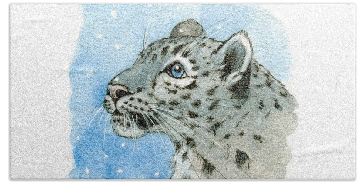 Snow Beach Towel featuring the painting Snow Leopard and snow 860 by Svetlana Ledneva-Schukina
