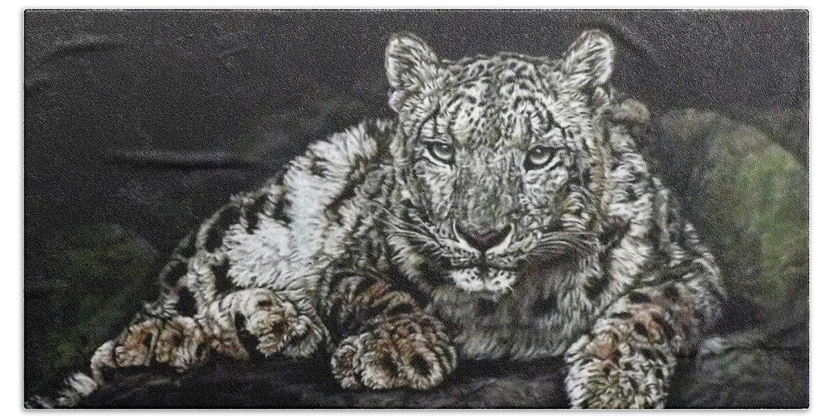 Snow Leopard Beach Towel featuring the painting Snow Leopard by Linda Becker