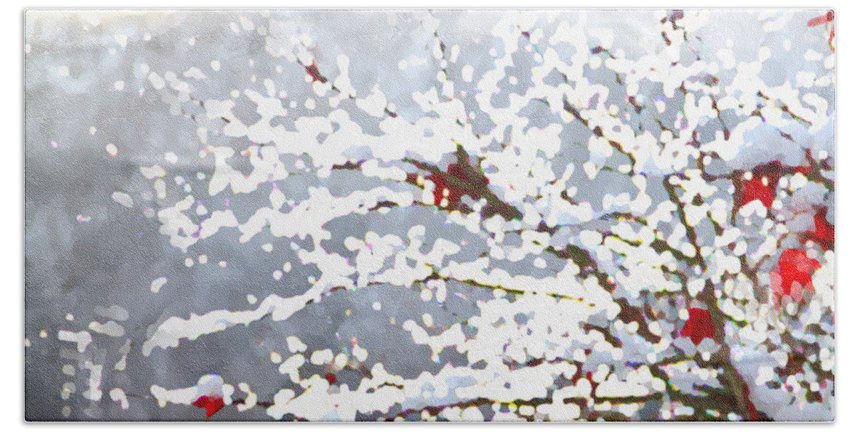 Nature Beach Sheet featuring the mixed media Snow on the Maple by Shelli Fitzpatrick
