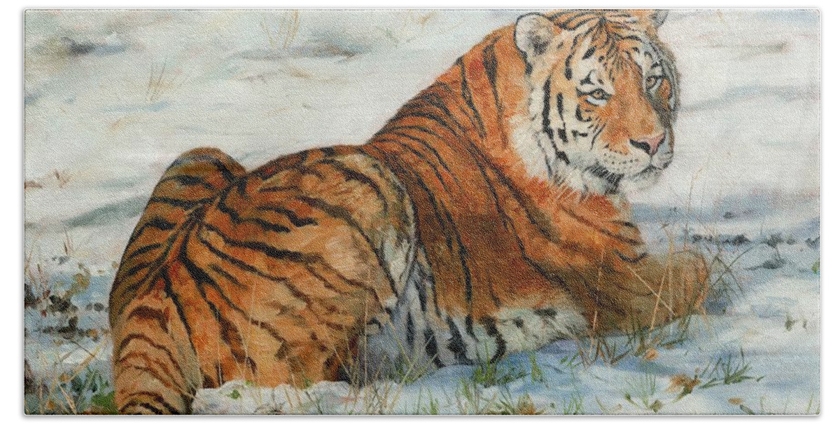 Tiger Beach Towel featuring the painting Snow Tiger by David Stribbling
