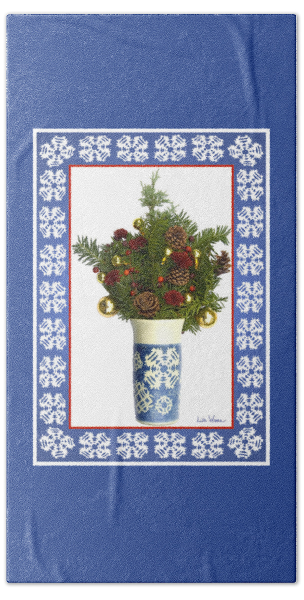 Lise Winne Beach Sheet featuring the digital art Snowflake Vase with Christmas Regalia by Lise Winne
