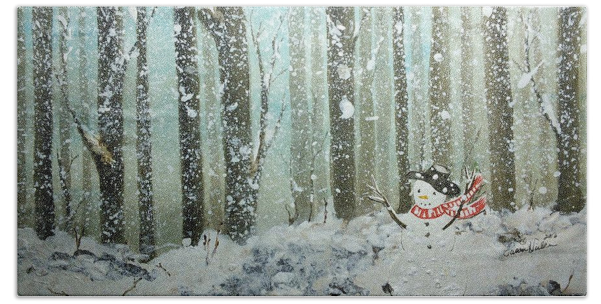  Christmas Beach Towel featuring the painting Snowman in Blizzard by Susan Nielsen