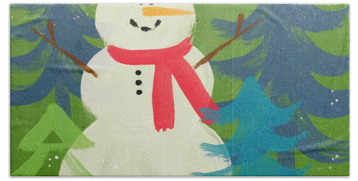 Snowman Beach Towel featuring the painting Snowman in Red Hat-Art by Linda Woods by Linda Woods