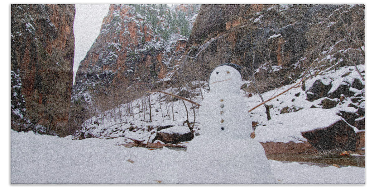 Zion Beach Towel featuring the photograph Snowman in Zion by Daniel Woodrum