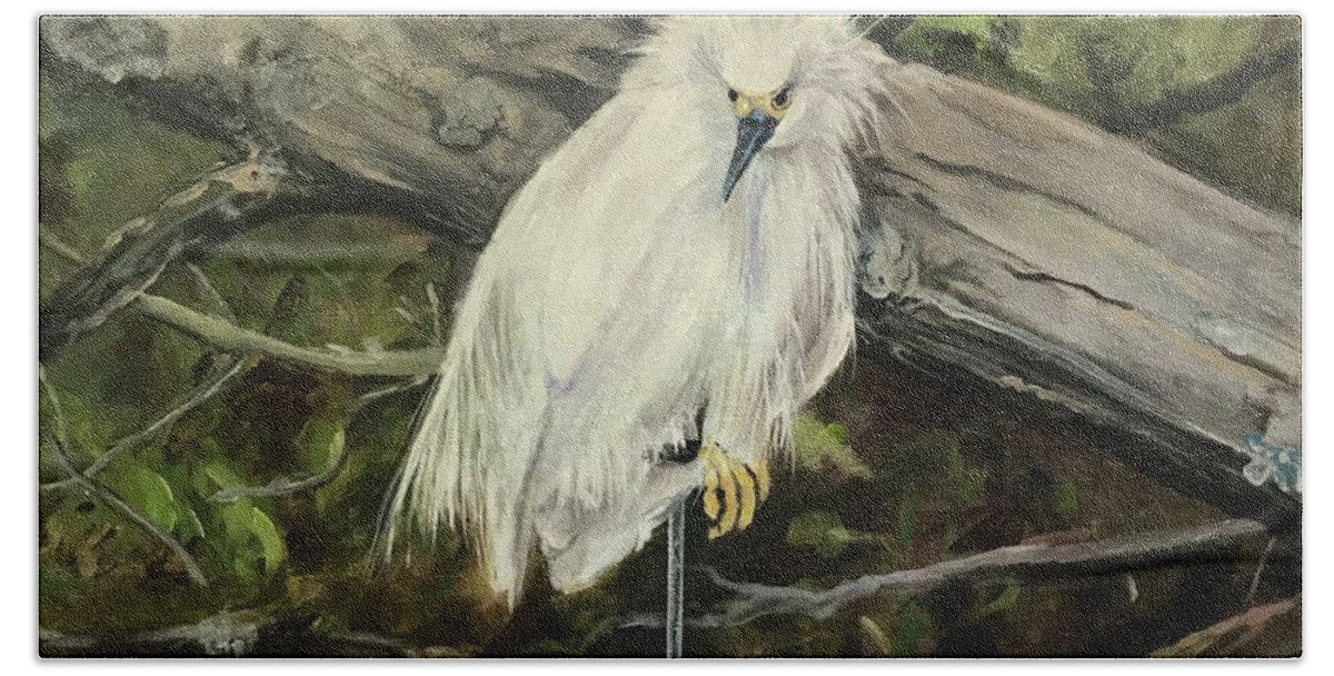 Landscape Beach Towel featuring the painting Snowy Egret by Gloria Smith