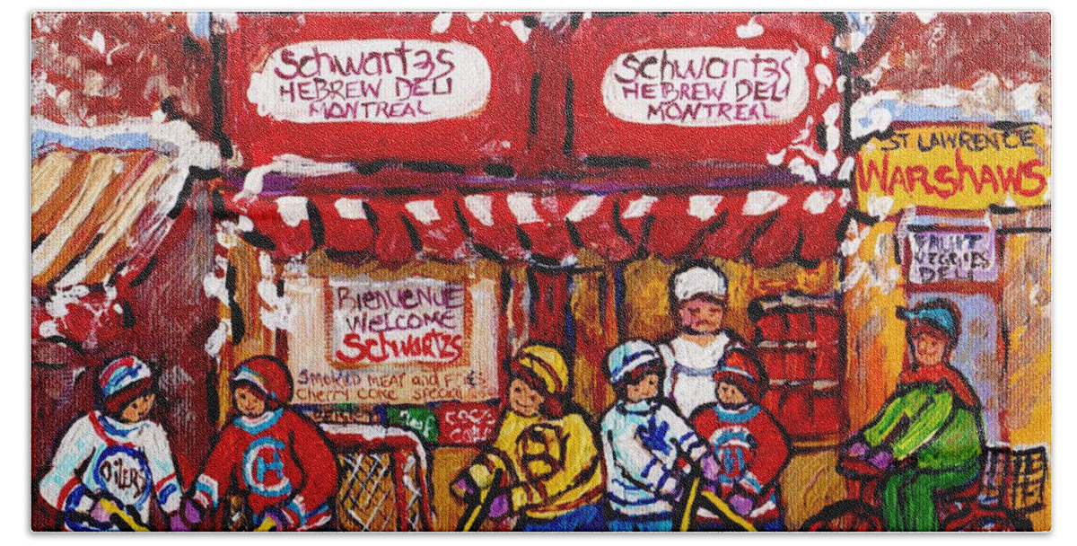 Schwartz Beach Towel featuring the painting Snowy Hockey Game Schwartz's Deli Montreal Landmarks Winterscene Paintings For Sale C Spandau Artist by Carole Spandau