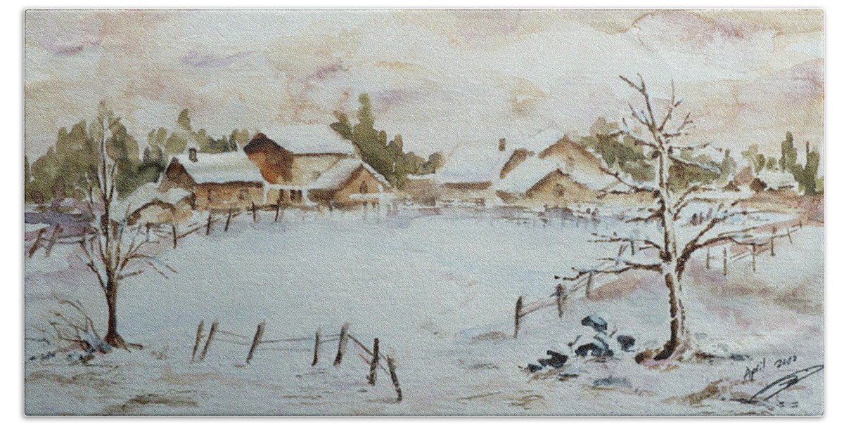 Winter Beach Towel featuring the painting Snowy Village by Xueling Zou