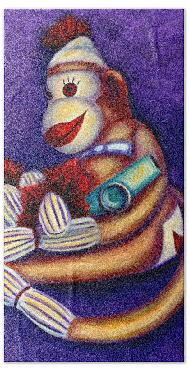 Children Beach Sheet featuring the painting Sock Monkey With Kazoo by Shannon Grissom